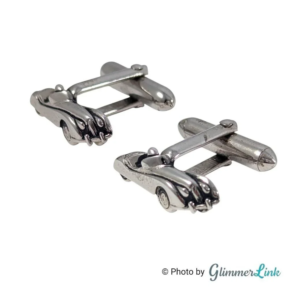 Swank Vintage Silver Tone Car Cufflinks and Tie Bar Set Automobile Design, 1960s
